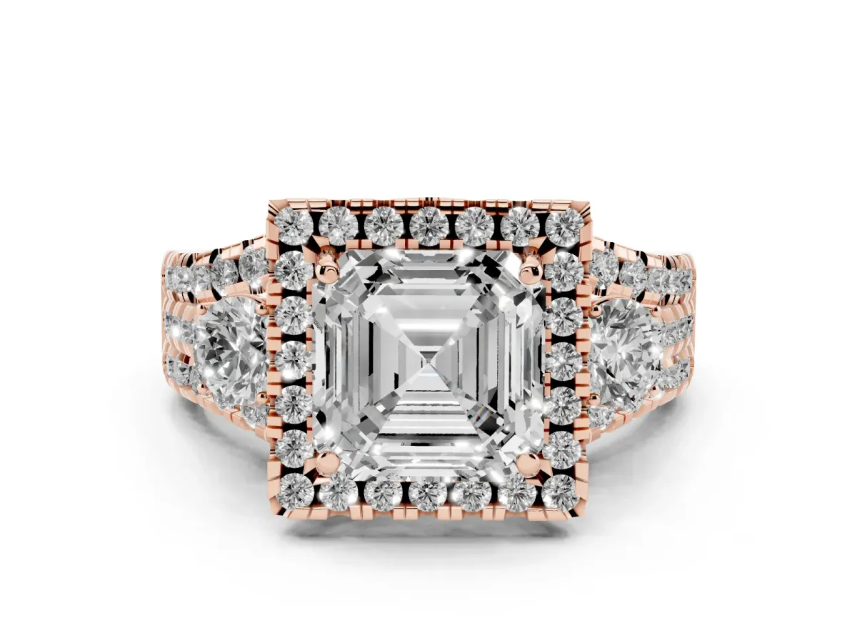 Asscher Cut Diamond Halo Split Shank Ring Set in Rose gold with Round Accent Stones and Prong Setting
