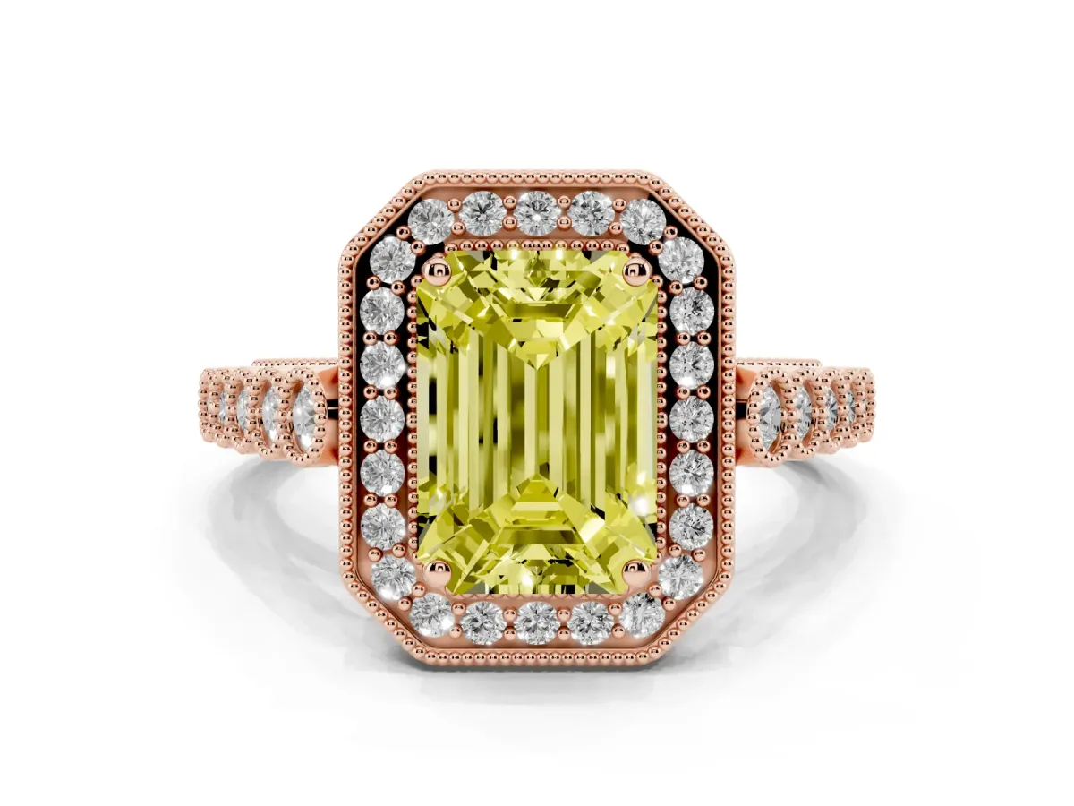 Fancy Yellow Emerald Cut Diamond Milgrain Halo Solitaire Ring Set in Rose gold with Bezel Set Side Stones and Pavé Band