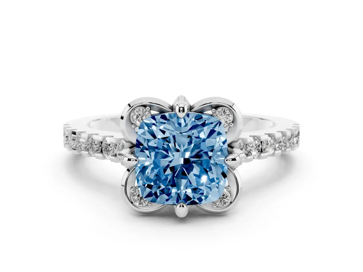 Fancy Blue Cushion Cut Diamond Solitaire Ring Set in White gold with Pavé Band and Floral Prong Setting