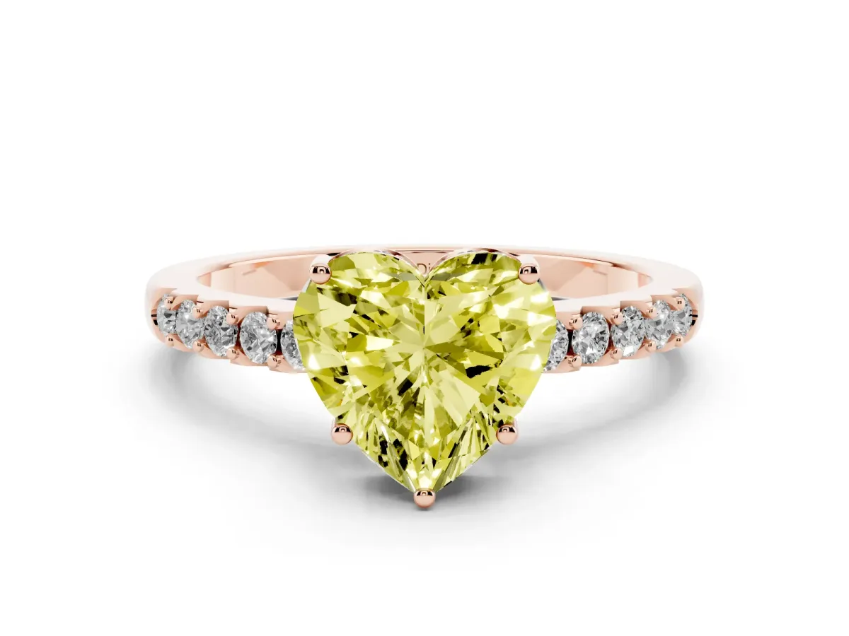 Fancy Yellow Heart Cut Diamond Solitaire Engagement Ring Set in Rose gold with Pavé Band and Prong Setting
