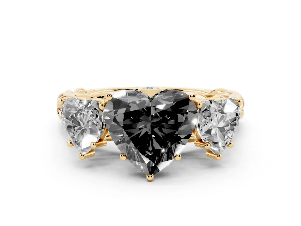Fancy Black Heart Cut Diamond Three-Stone Ring Set in Yellow gold with Braided Band