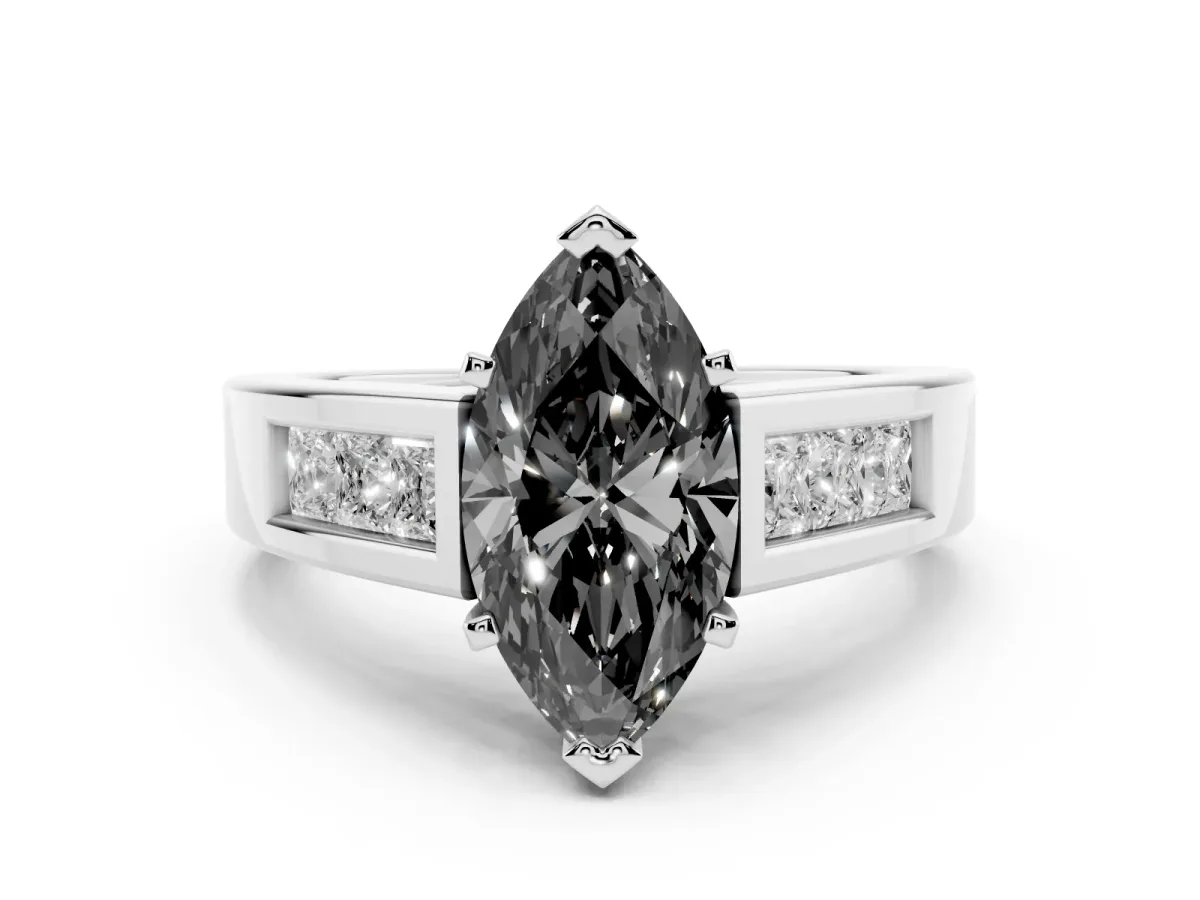 Fancy Black Marquise Cut Diamond Solitaire Ring Set in Silver with Channel-Set Accent Stones and Prong Setting