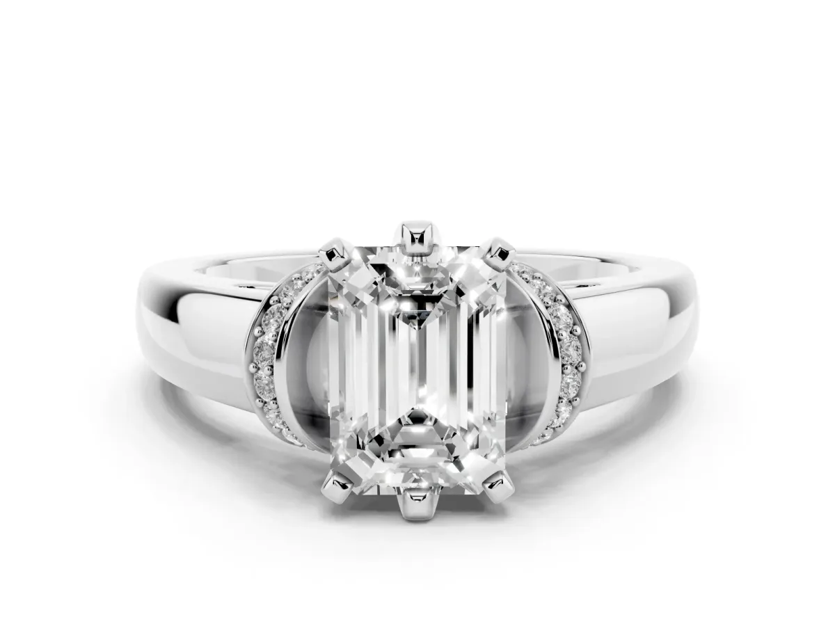 Emerald Cut Diamond Pavé Band Solitaire Ring Set in Silver with Prong Setting
