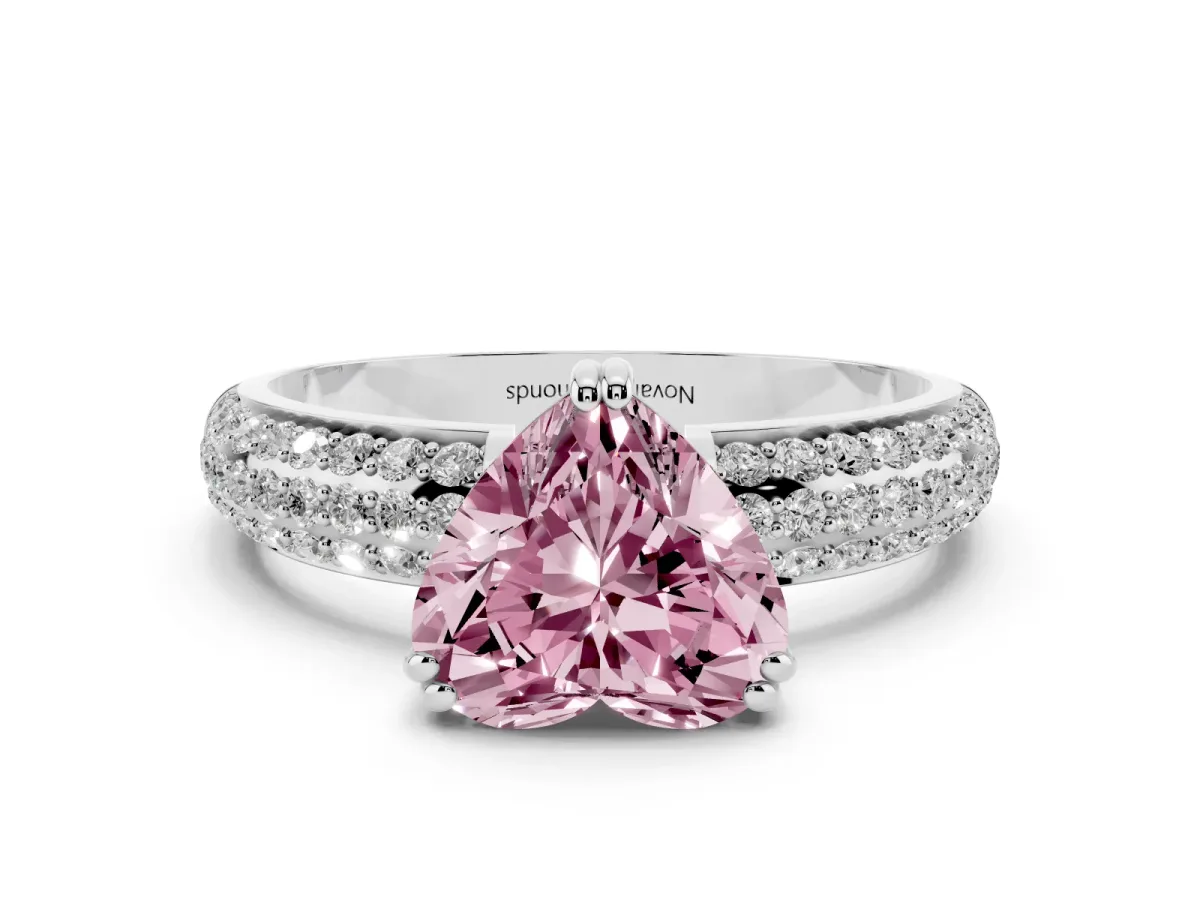 Fancy Pink Heart Cut Diamond Solitaire Ring Set in White gold with Multi-Row Round Pavé Band and Prong Setting