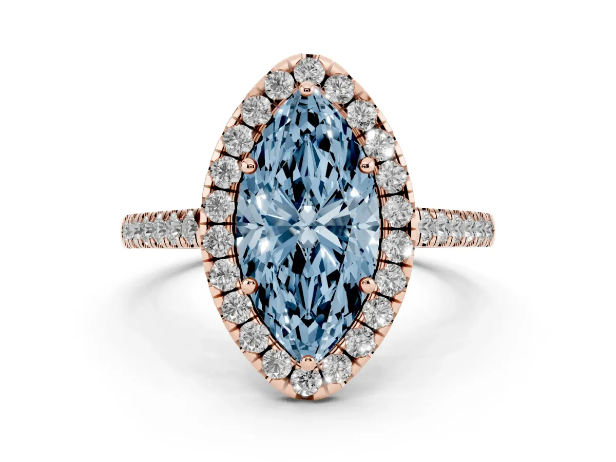 Fancy Blue Marquise Cut Diamond Halo Pavé Engagement Ring Set in Rose gold with Prong Setting