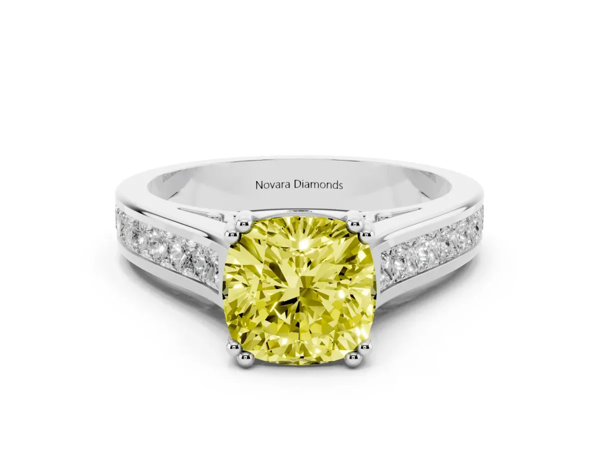 Fancy Yellow Cushion Cut Diamond Channel Set Solitaire Engagement Ring Set in Silver with Prong Setting