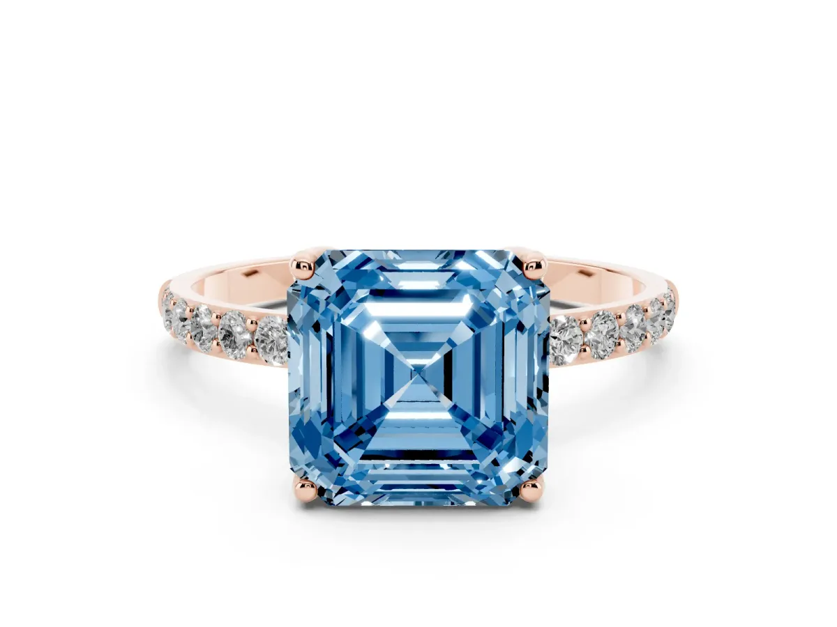 Fancy Blue Asscher Cut Diamond Solitaire Engagement Ring Set in Rose gold with Round Pavé Band and Prong Setting