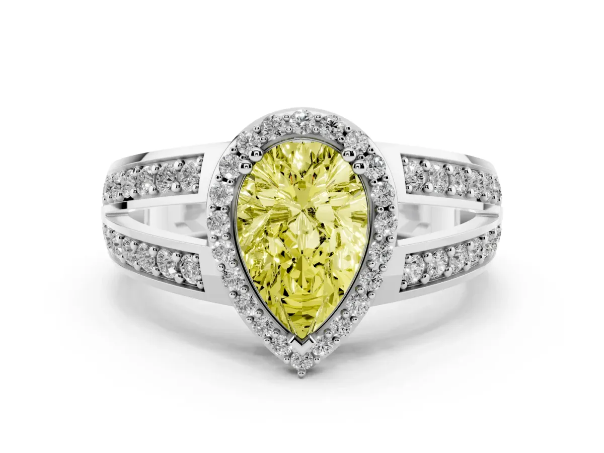 Fancy Yellow Pear Cut Diamond Halo Ring Set in Platinum with Double Pavé Split Shank