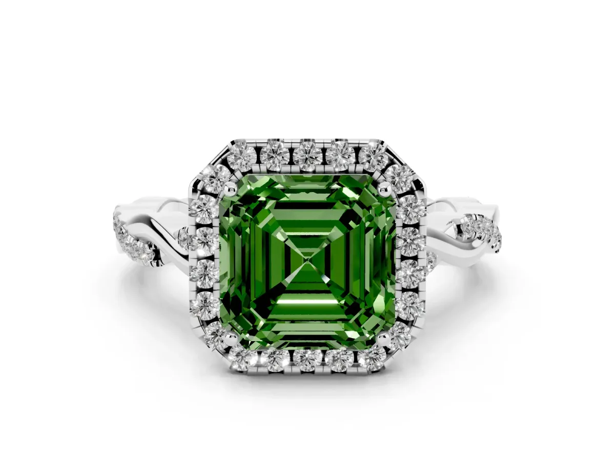 Fancy Green Asscher Cut Diamond Halo Twist Band Solitaire Ring Set in Silver with Prong Setting