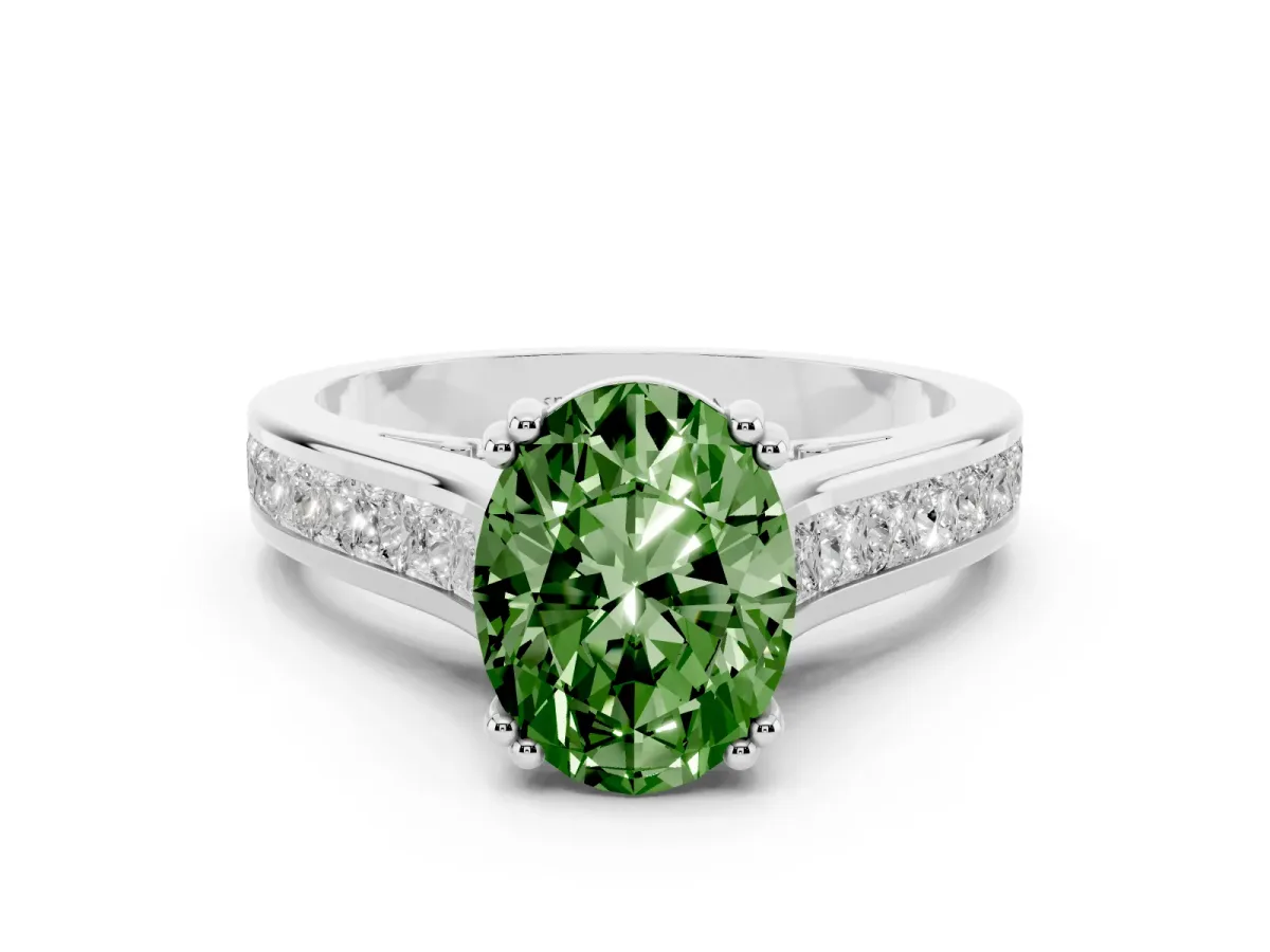Fancy Green Oval Cut Diamond Channel Set Solitaire Engagement Ring Set in White gold with Prong Setting
