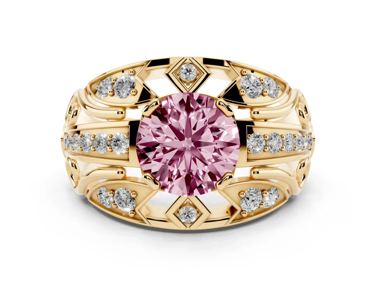 Fancy Pink Round Cut Diamond Art Deco Ring Set in Yellow gold with Pavé Split Shank