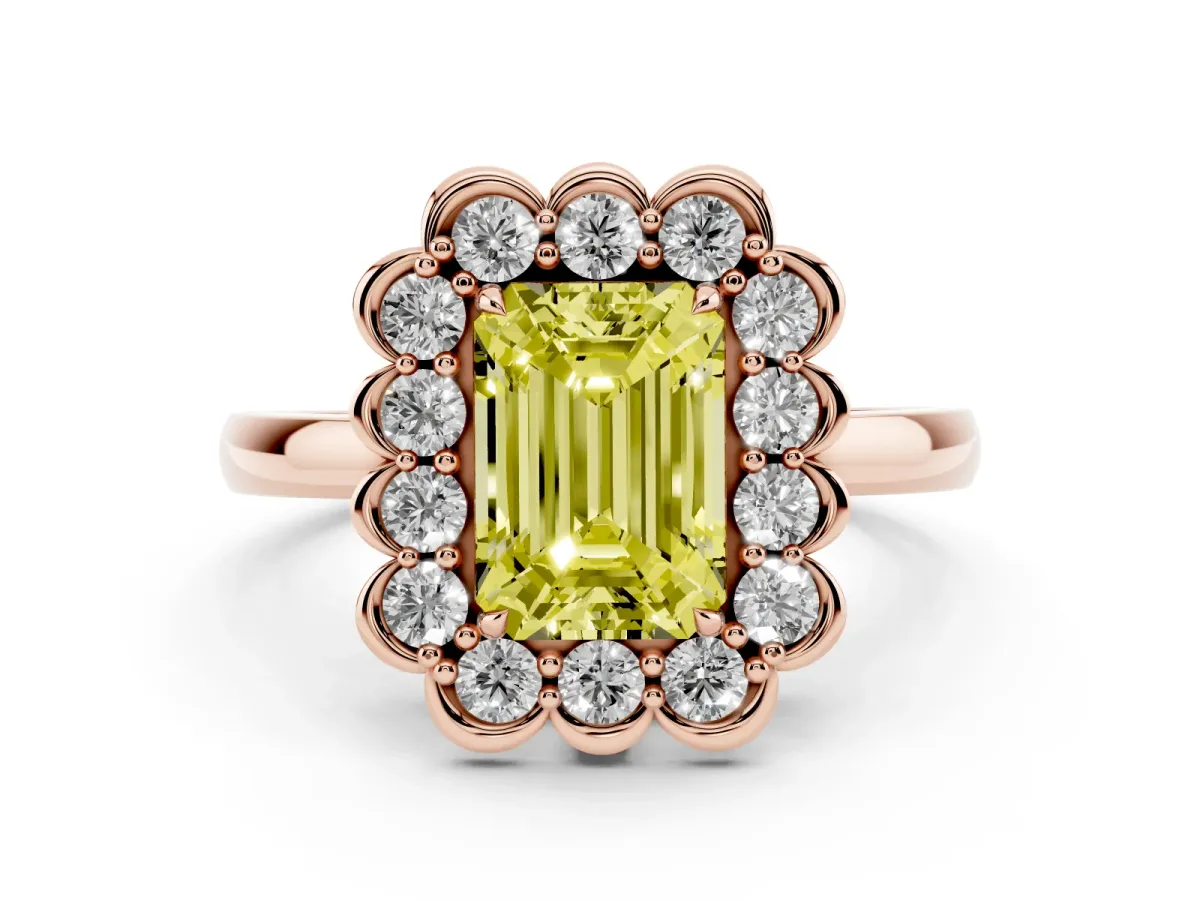 Fancy Yellow Emerald Cut Diamond Halo Cluster Engagement Ring Set in Rose gold with Solitaire Band and Prong Setting