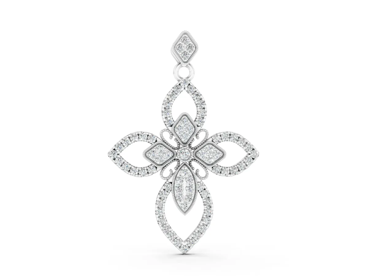 Marquise Diamond Cross Pendant Set in Silver with Pavé Floral Arms
