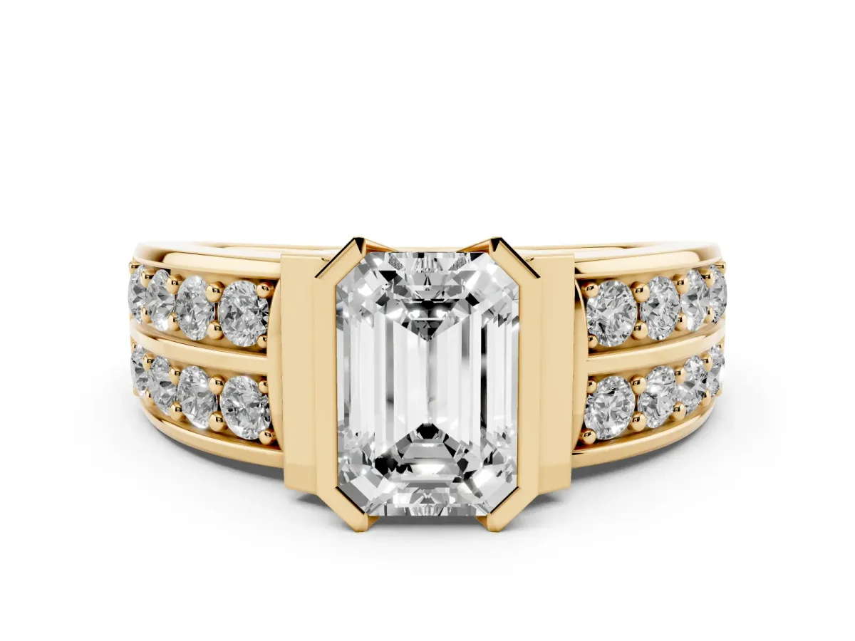Emerald Cut Diamond Wide Channel Set Band Ring Set in Yellow gold with Bezel Setting
