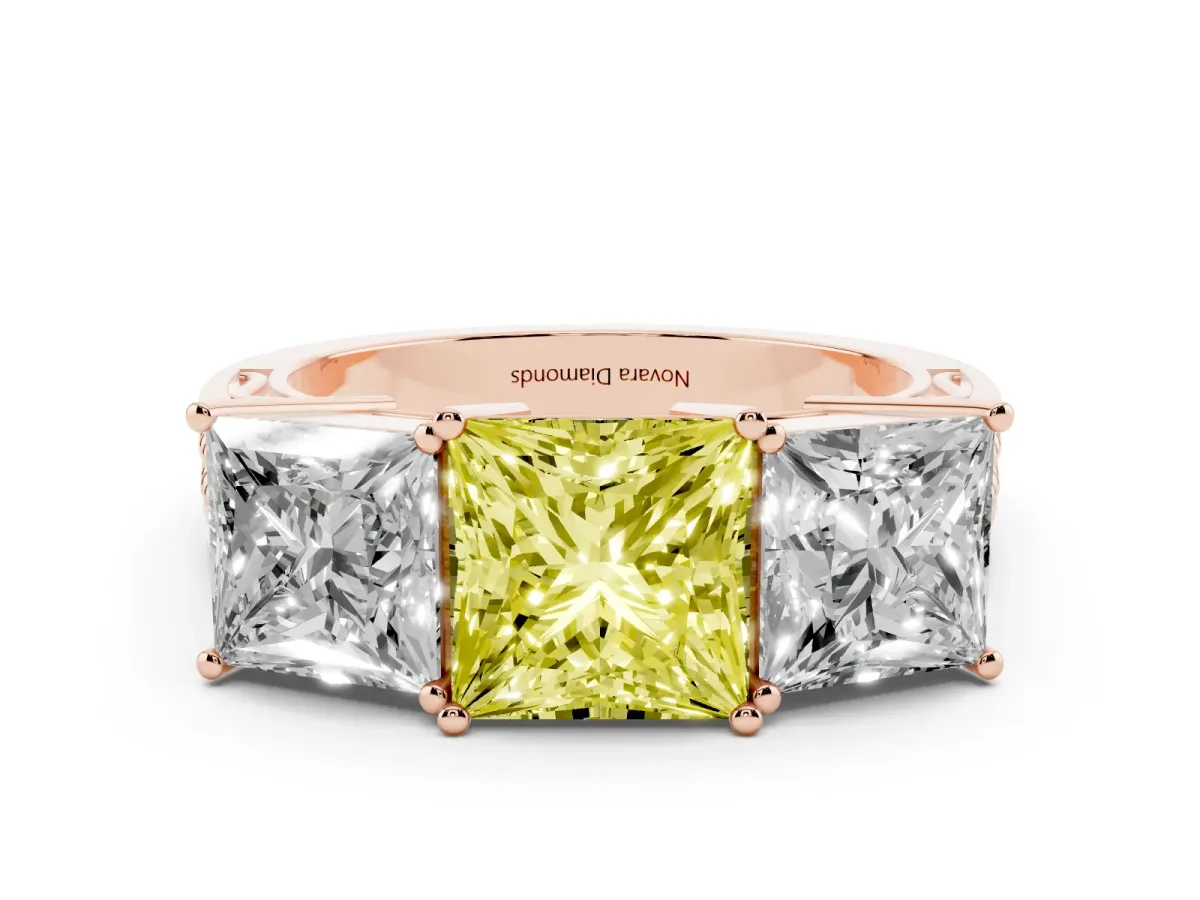 Fancy Yellow Princess Cut Diamond Three-Stone Ring Set in Rose gold with Textured Band