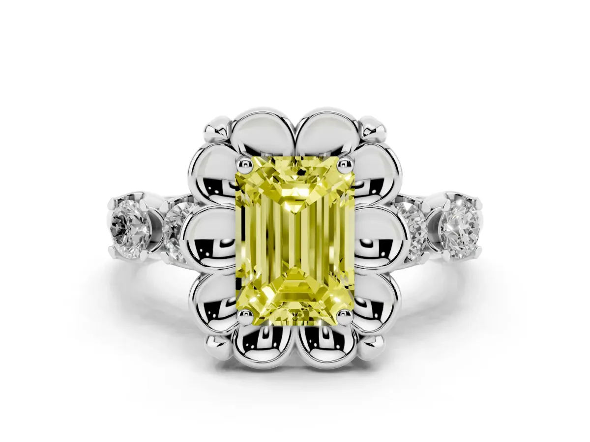 Fancy Yellow Emerald Cut Diamond Floral Halo Ring Set in Platinum with Shared Prong Band