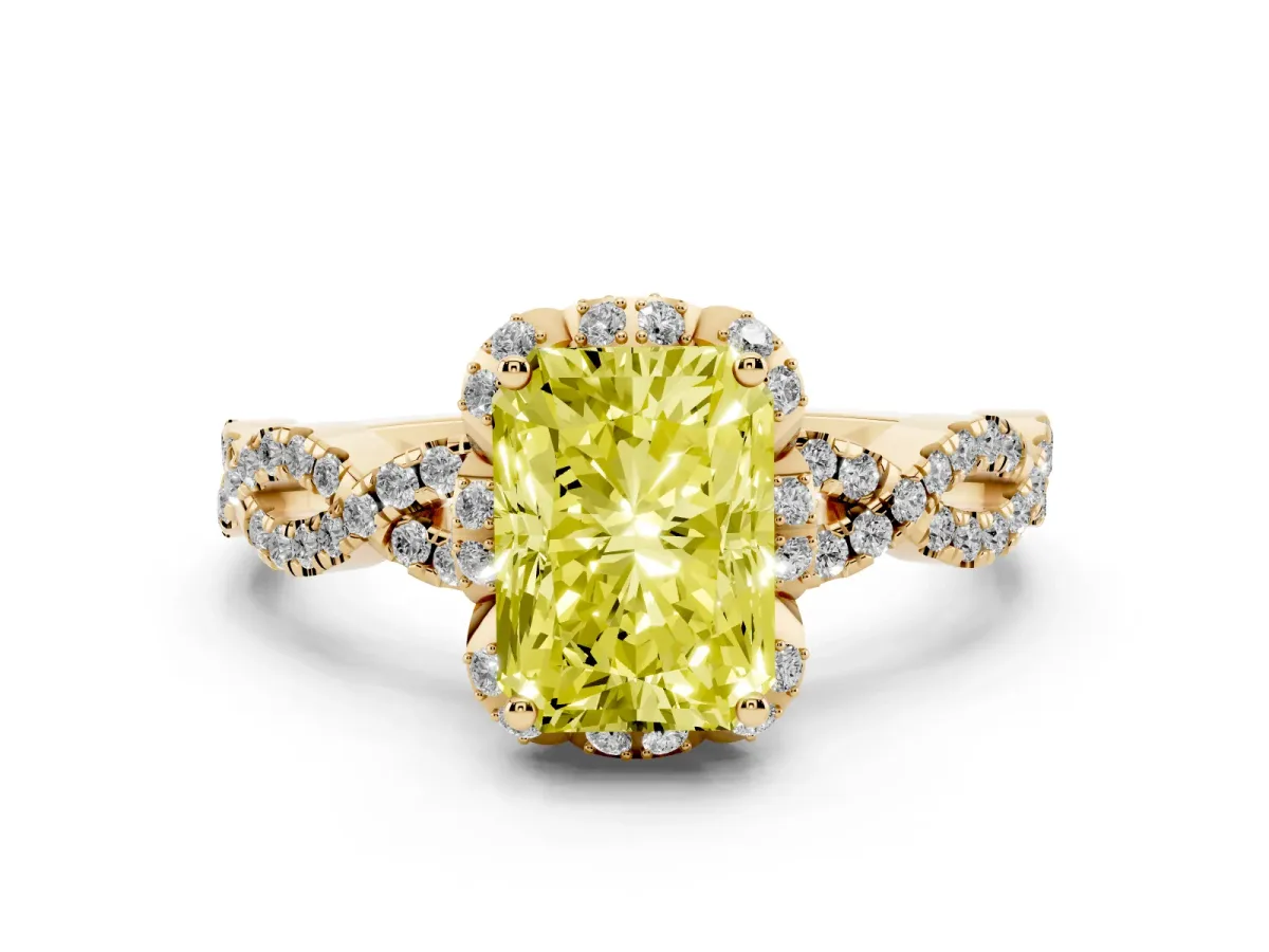 Fancy Yellow Radiant Cut Diamond Halo Twist Band Solitaire Ring Set in Yellow gold with Prong-Set Center Stone