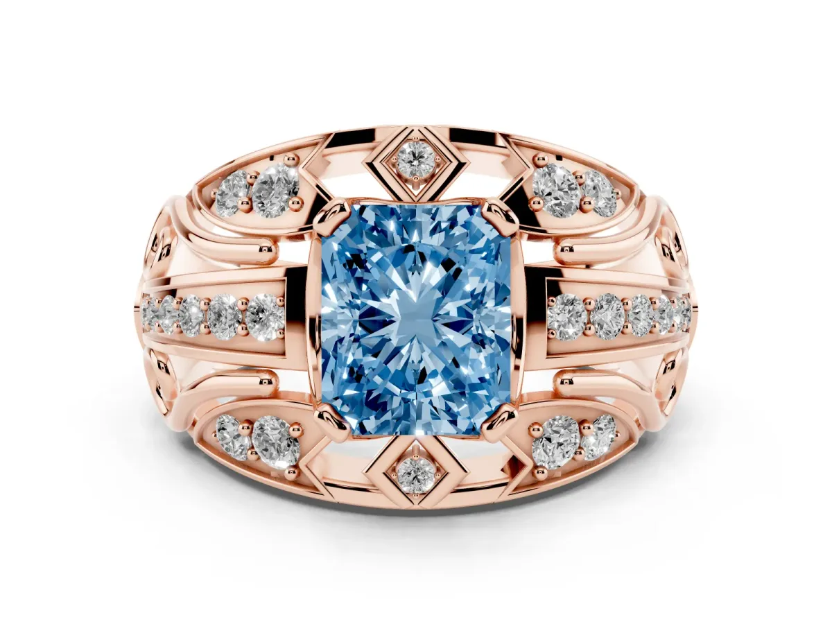 Fancy Blue Radiant Cut Diamond Art Deco Ring Set in Rose gold with Pavé Split Shank