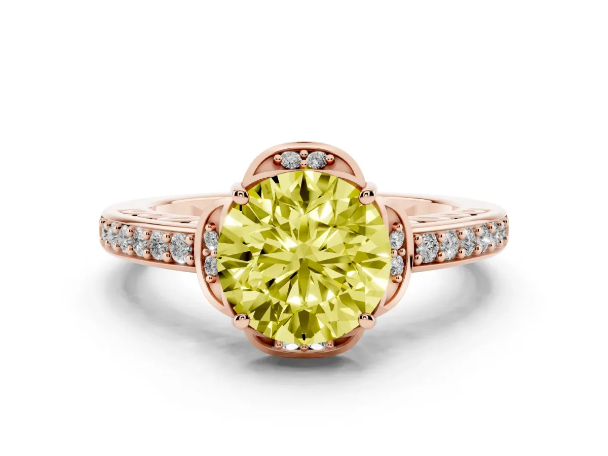 Fancy Yellow Round Cut Diamond Halo Ring Set in Rose gold with Channel Set Band and Prong Setting