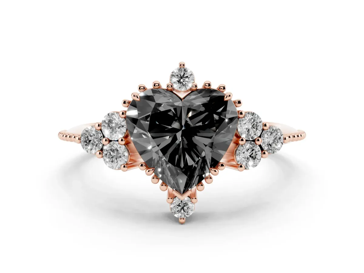 Fancy Black Heart Cut Diamond Cluster Ring Set in Rose gold with Beaded Band