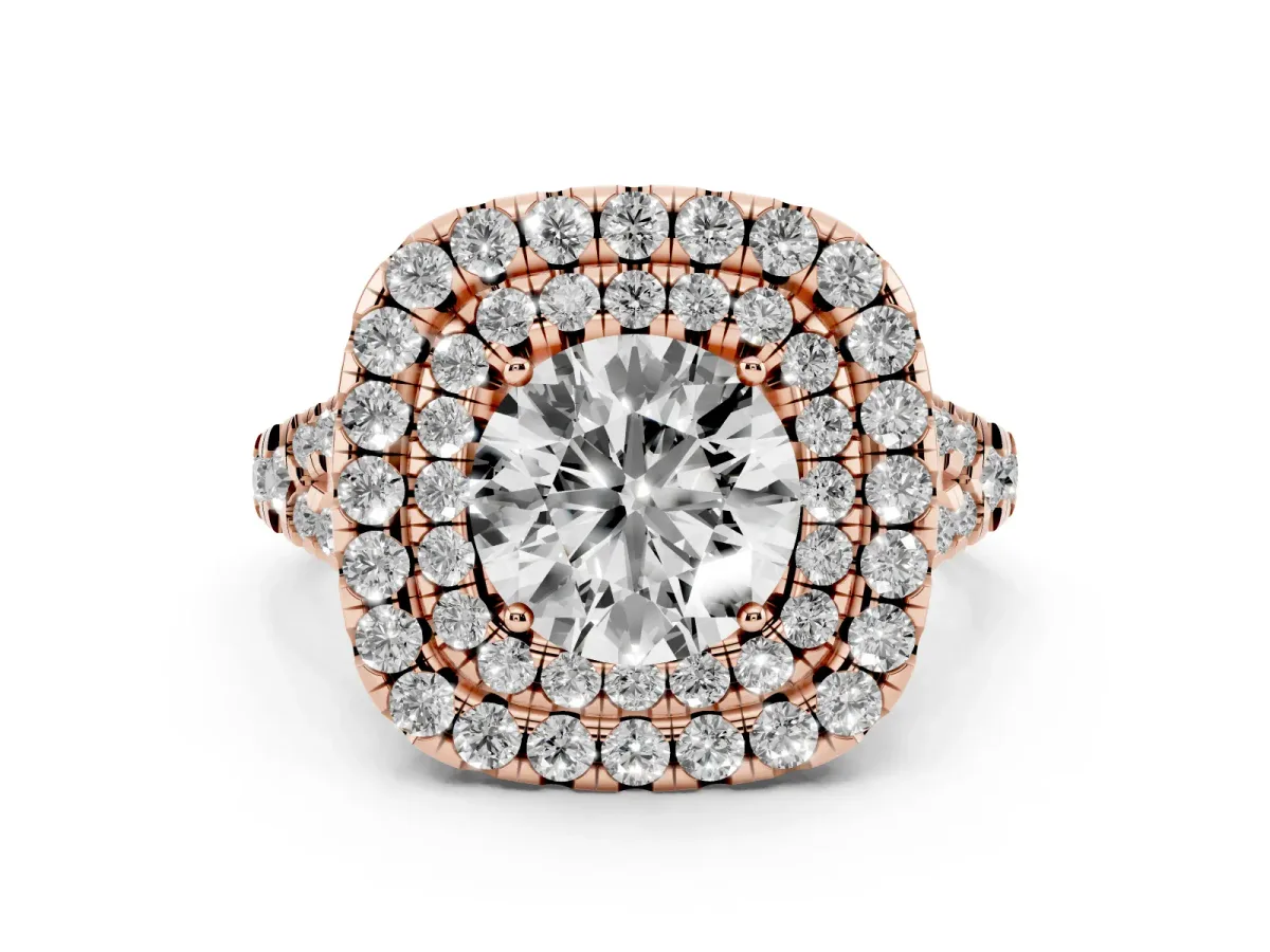 Round Cut Diamond Double Halo Ring Set in Rose gold with Pavé Split Shank and Prong Setting