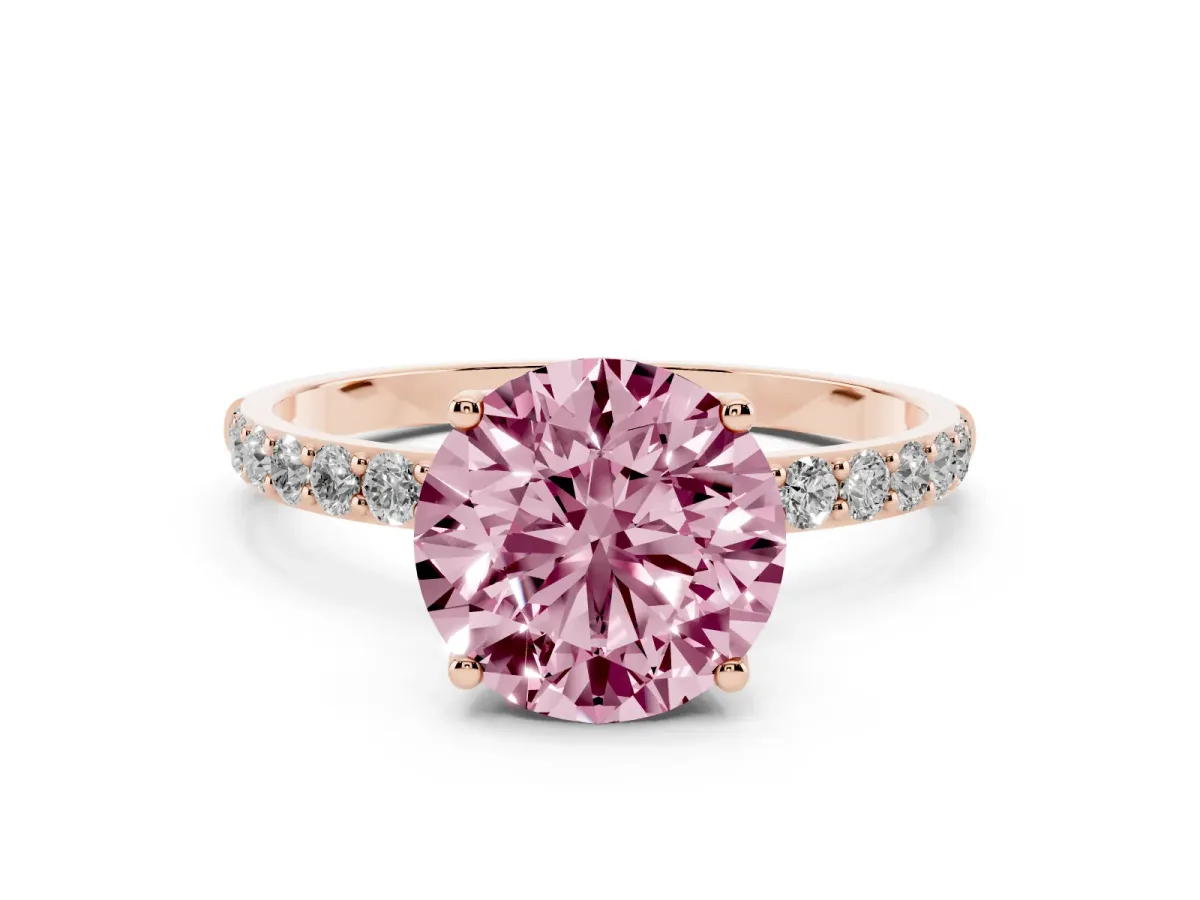 Fancy Pink Round Cut Diamond Solitaire Engagement Ring Set in Rose gold with Round Pavé Band and Prong Setting