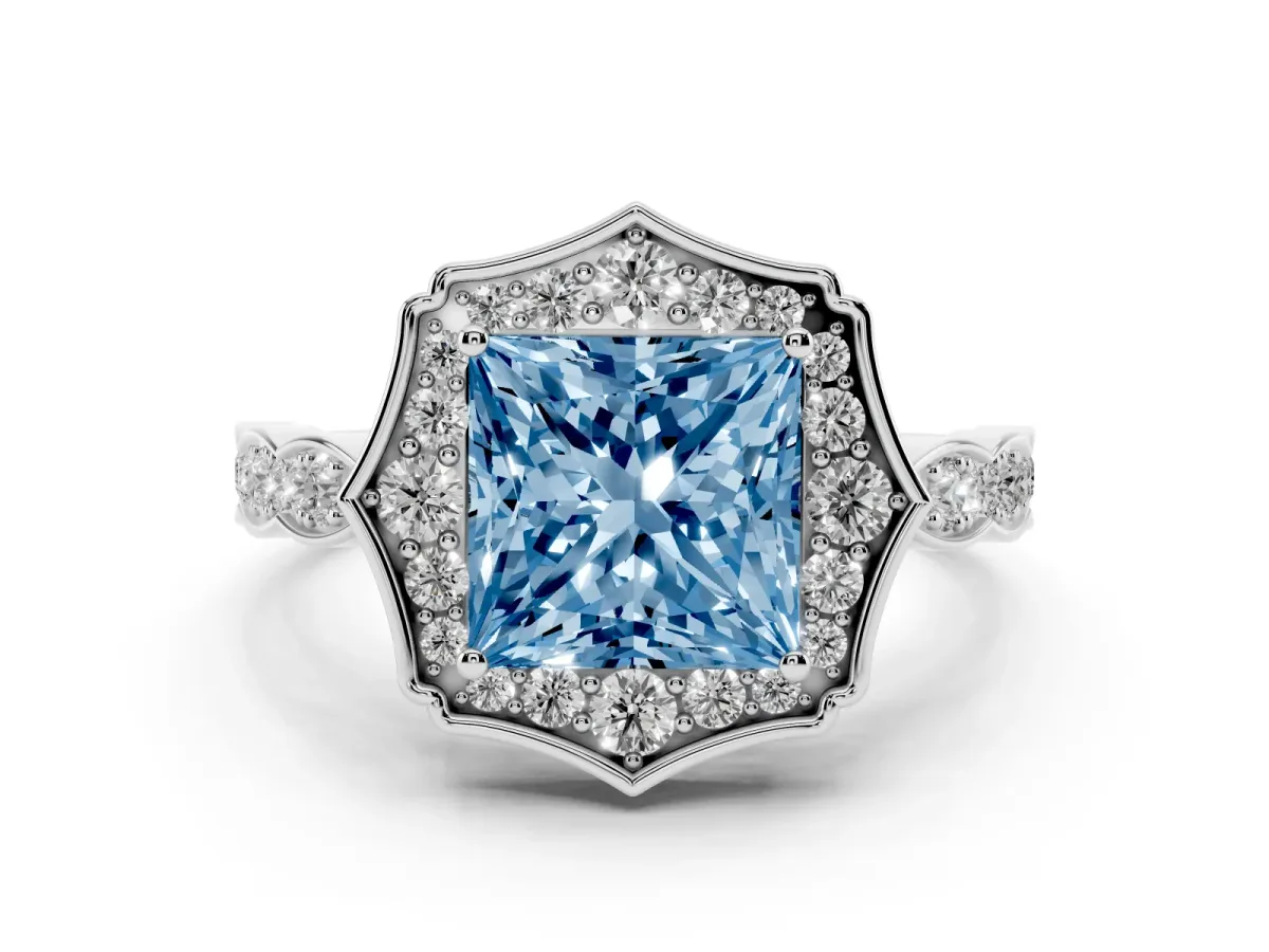 Fancy Blue Princess Cut Diamond Halo Engagement Ring Set in White gold with Milgrain Band and Prong Setting
