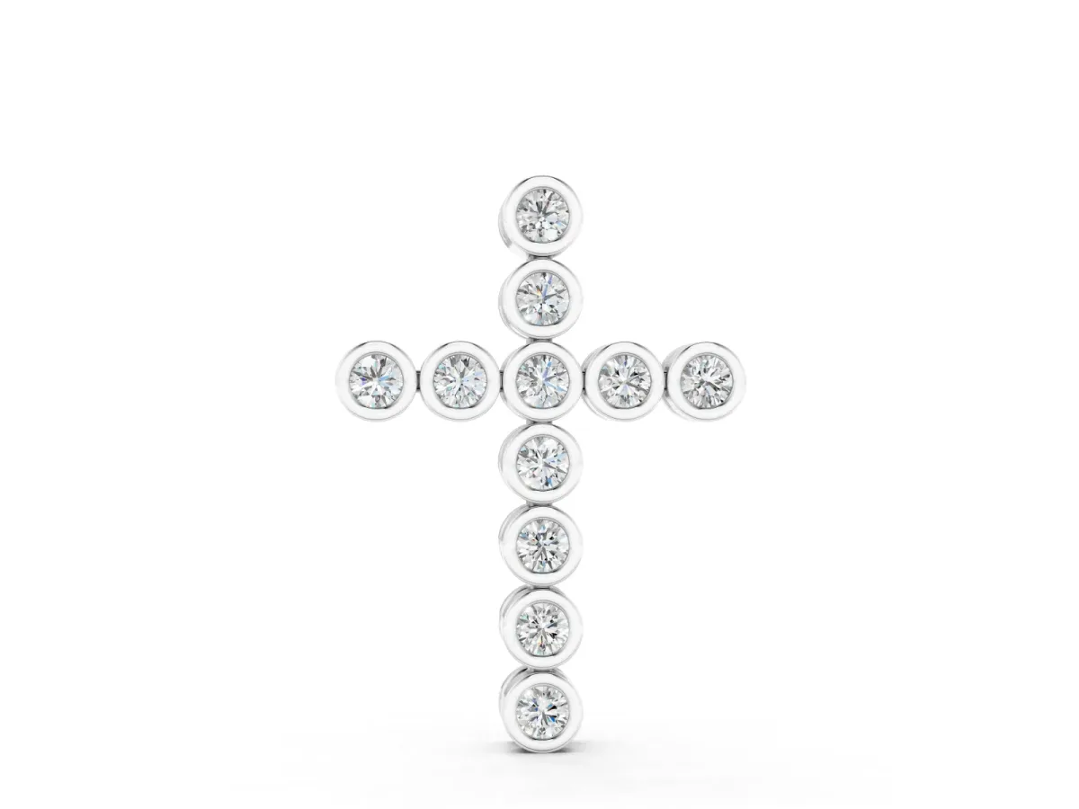 Bezel-Set Round Diamond Cross Pendant Set in Silver with Smooth Stone Frames