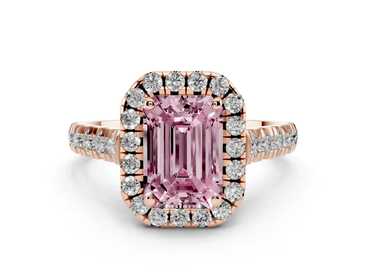 Fancy Pink Emerald Cut Diamond Halo Engagement Ring Set in Rose gold with Pavé Band and Prong-Set Center