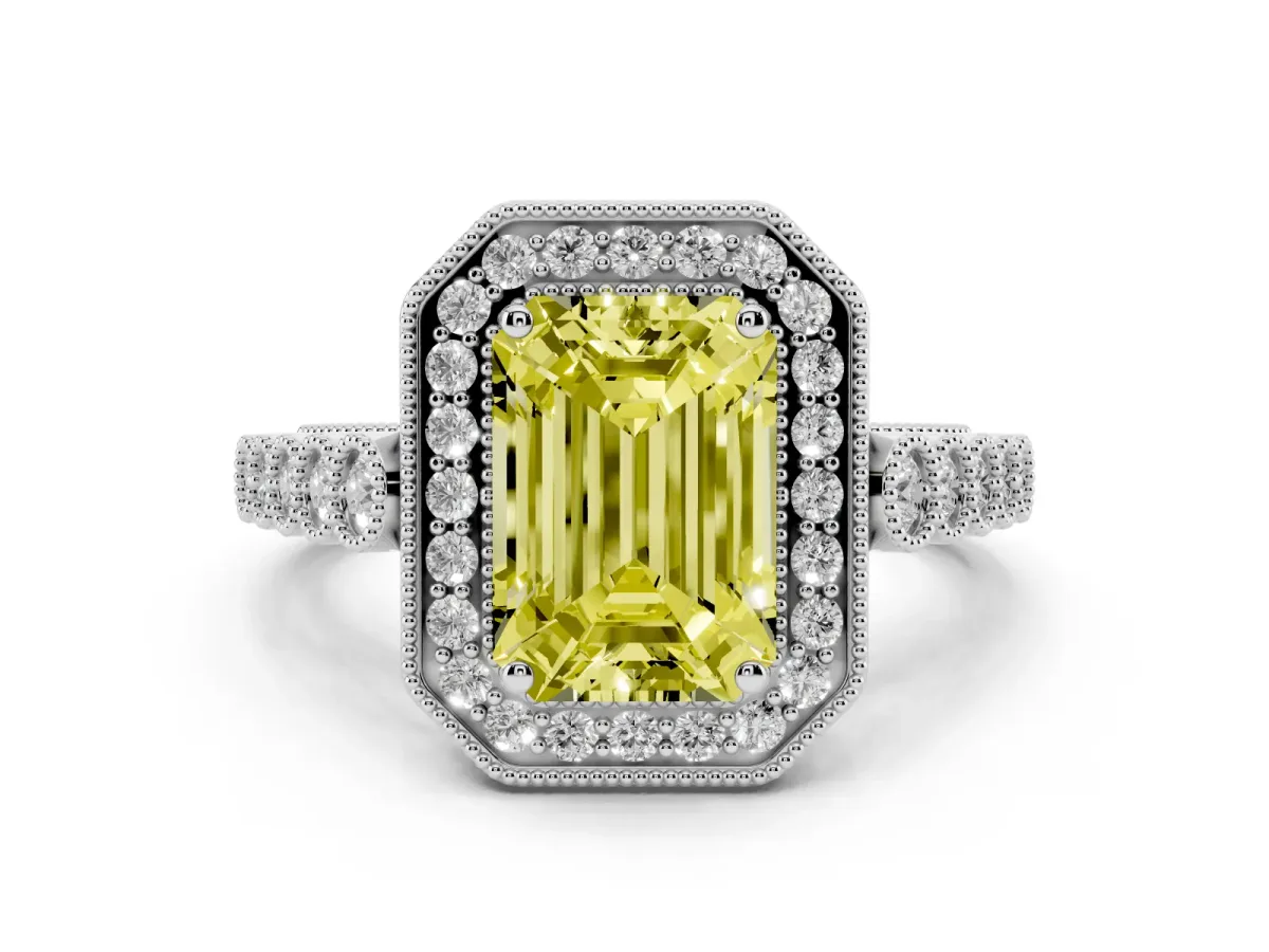 Fancy Yellow Emerald Cut Diamond Milgrain Halo Solitaire Ring Set in Platinum with Bezel Set Side Stones and Pavé Band