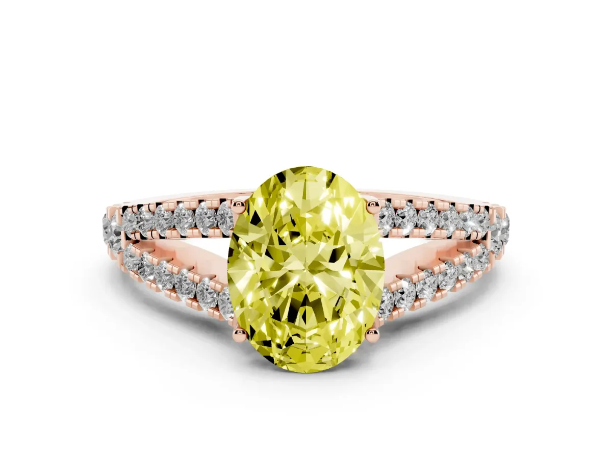 Fancy Yellow Oval Cut Diamond Split Shank Pavé Engagement Ring Set in Rose gold with Prong-Held Center Stone
