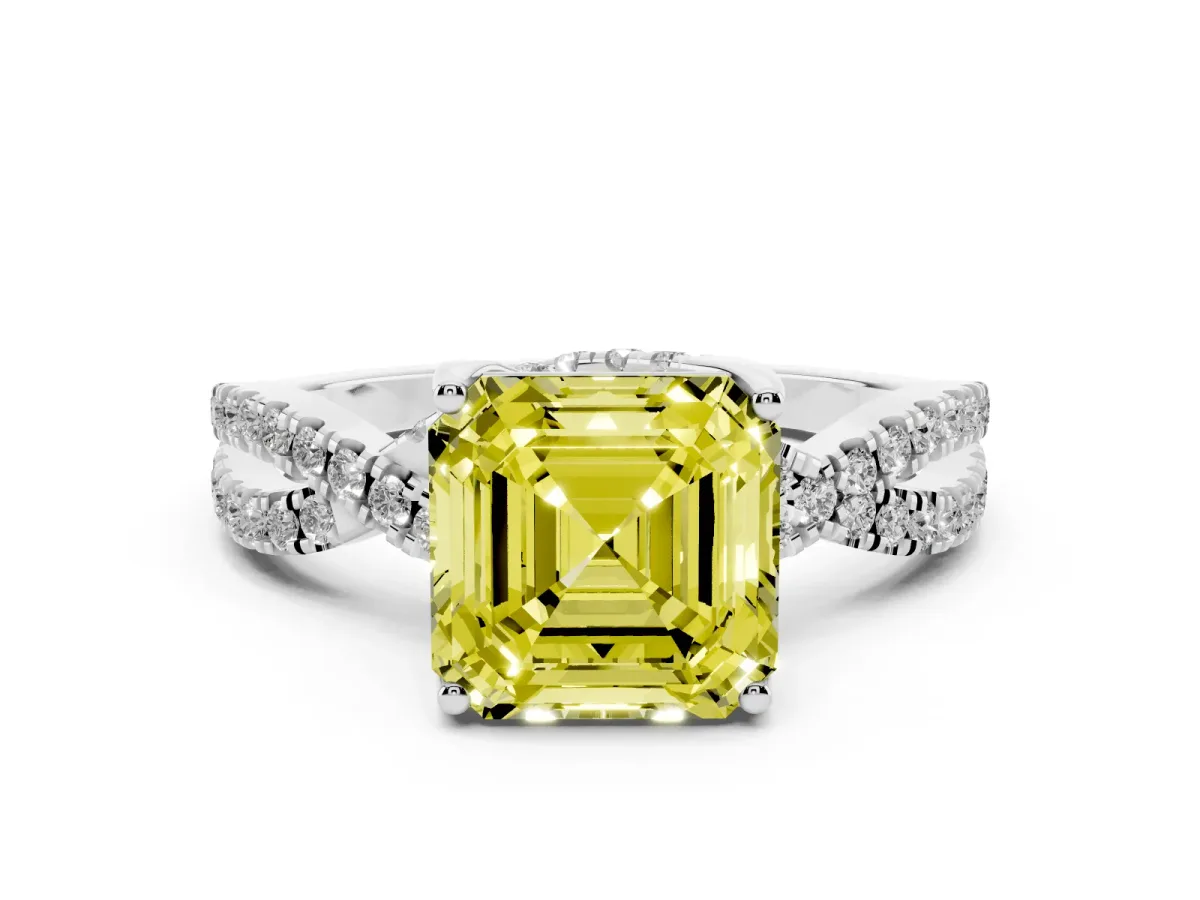 Fancy Yellow Asscher Cut Diamond Twist Pavé Solitaire Engagement Ring Set in White gold with Prong Setting