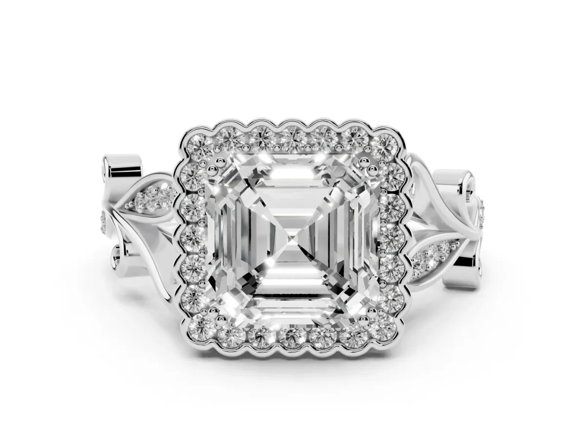 Asscher Cut Diamond Halo Ring Set in Silver with Leaf Motif Split Shank and Prong Setting