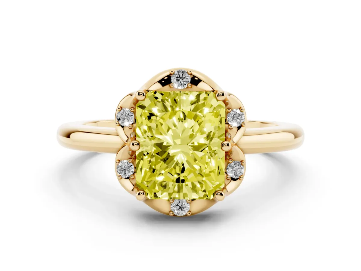 Fancy Yellow Radiant Cut Diamond Round Cluster Halo Ring Set in Yellow gold with Solitaire Band and Prong Setting