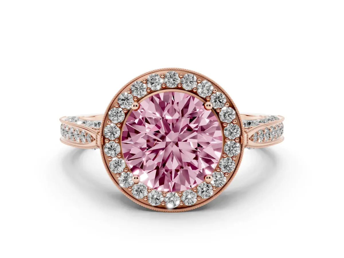 Fancy Pink Round Cut Diamond Halo Engagement Ring Set in Rose gold with Accent Split Shank Band