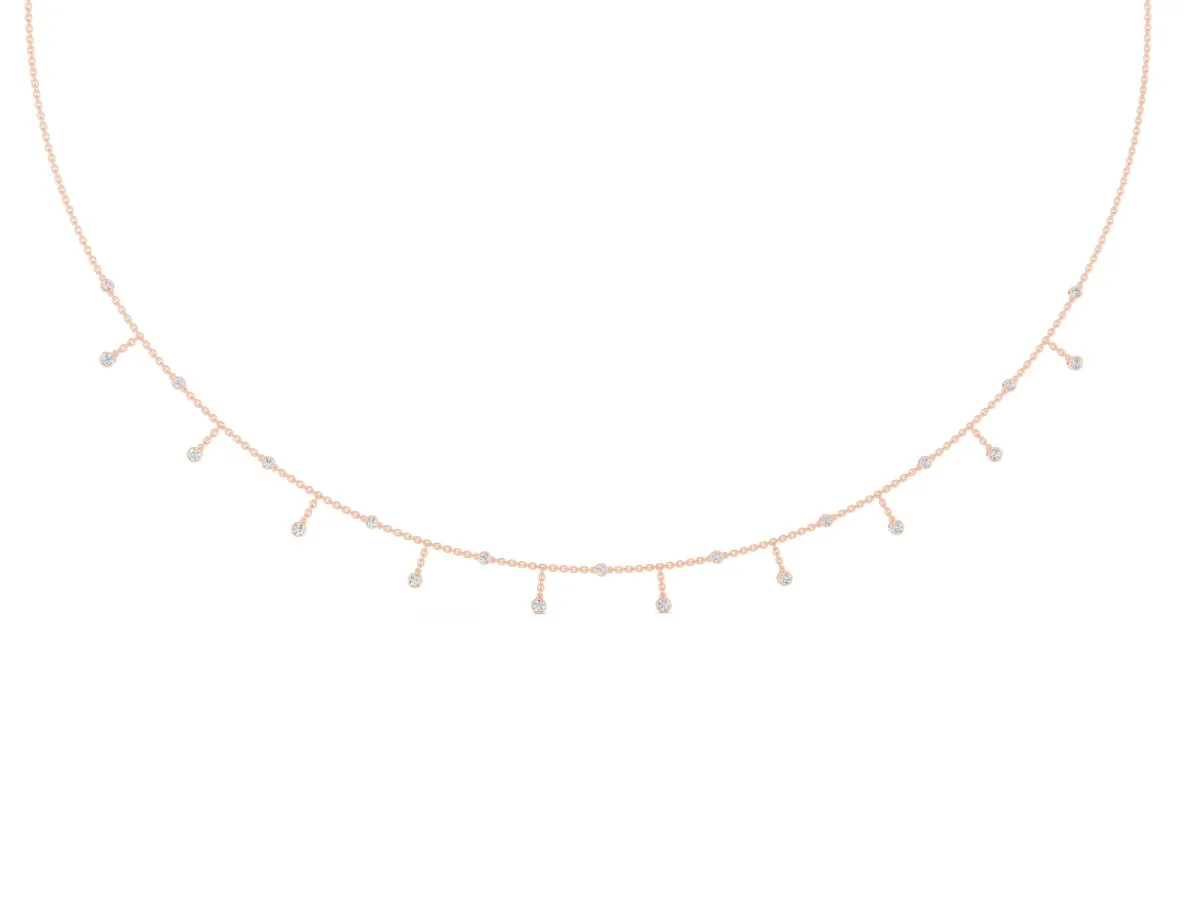 Round Diamond Station Necklace Set in Rose gold with Round Bezels on Cable Chain