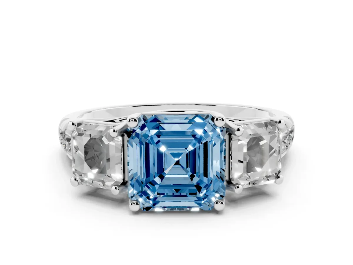 Fancy Blue Asscher Cut Diamond Three-Stone Ring Set in Platinum with Pavé Band