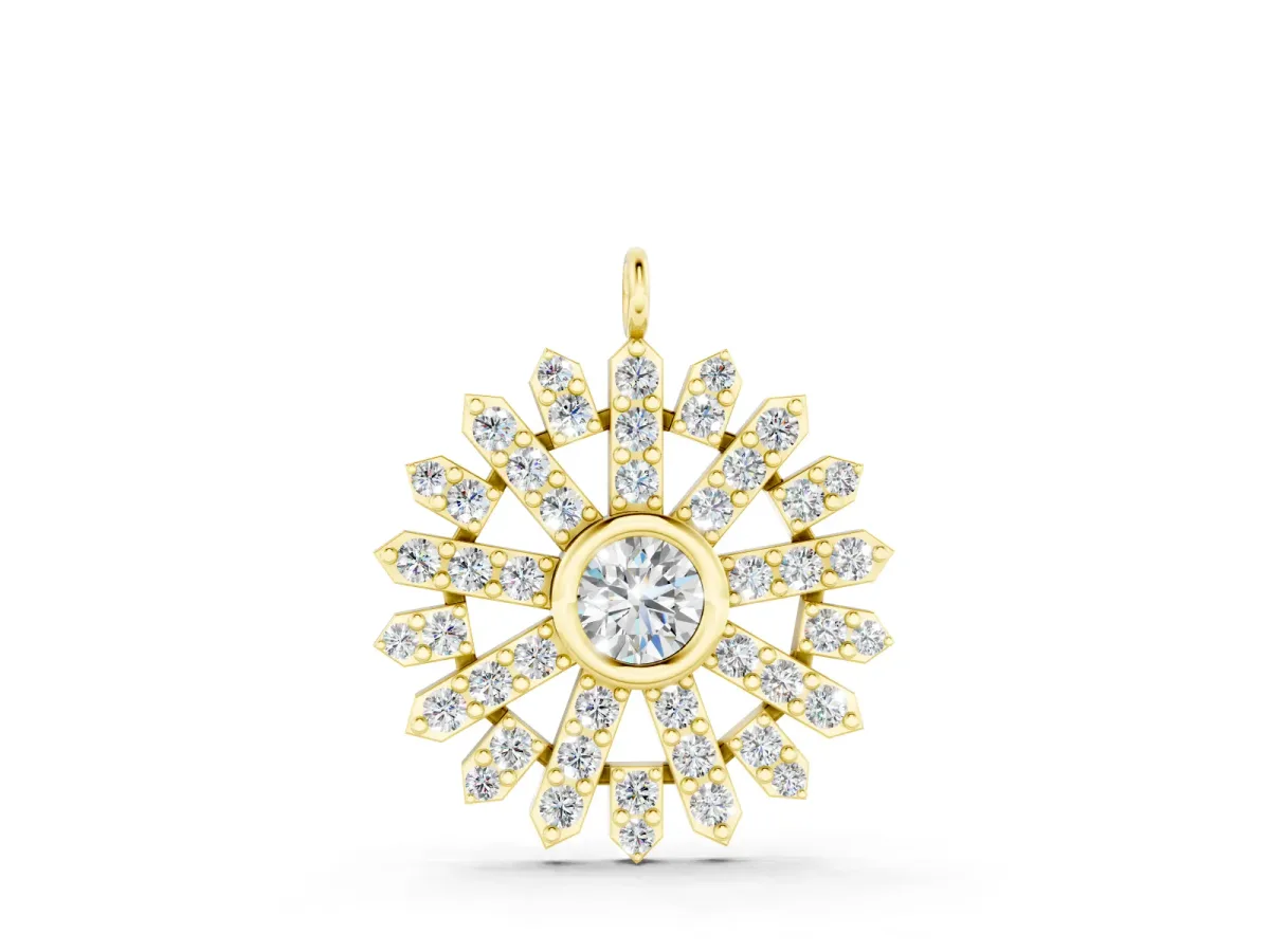 Round Diamond Snowflake Pendant Set in Yellow gold with Pavé Setting