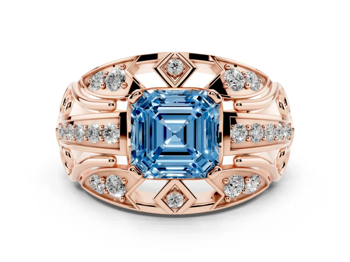 Fancy Blue Asscher Cut Diamond Art Deco Ring Set in Rose gold with Pavé Split Shank