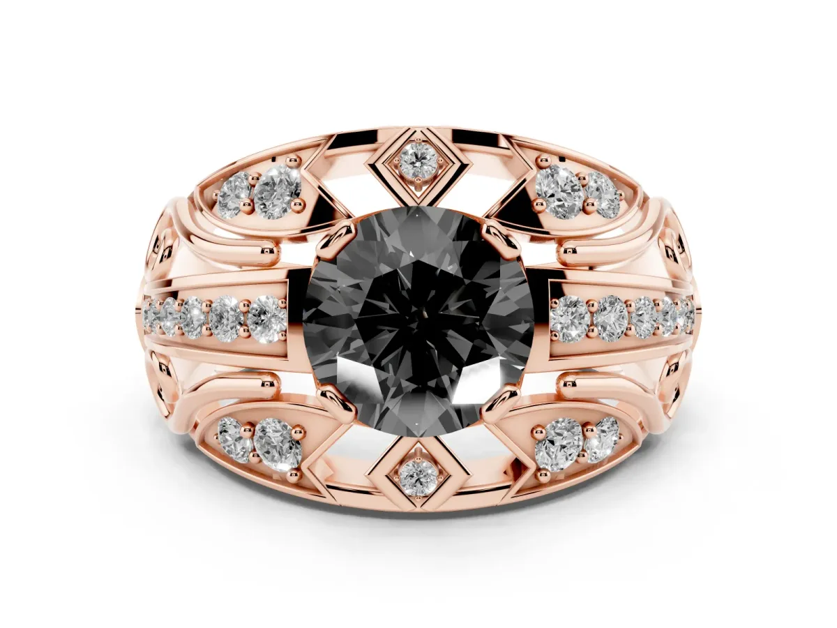 Fancy Black Round Cut Diamond Art Deco Ring Set in Rose gold with Pavé Split Shank