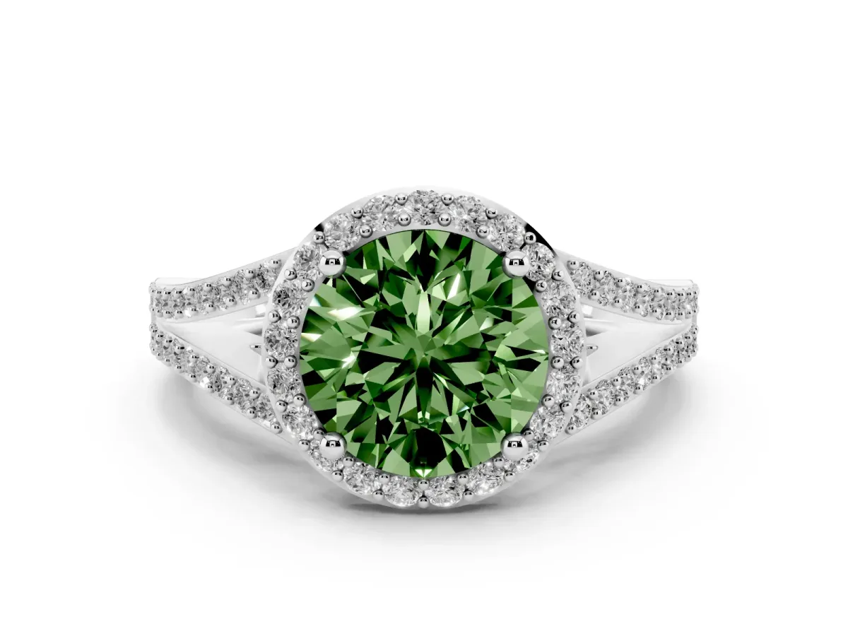 Fancy Green Round Cut Diamond Halo Split Shank Ring Set in White gold with Accent Stones and Prong Setting