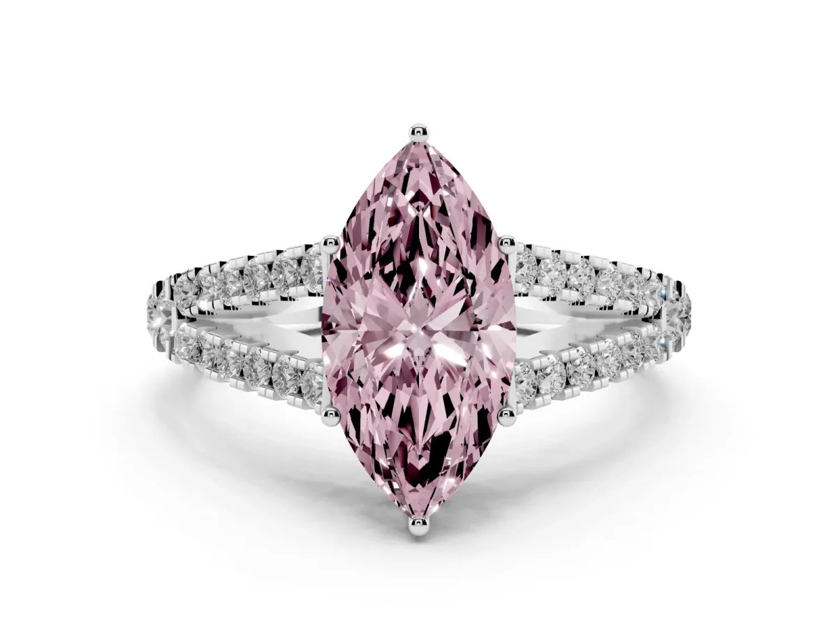 Fancy Pink Marquise Cut Diamond Split Shank Pavé Engagement Ring Set in Platinum with Prong-Held Center Stone