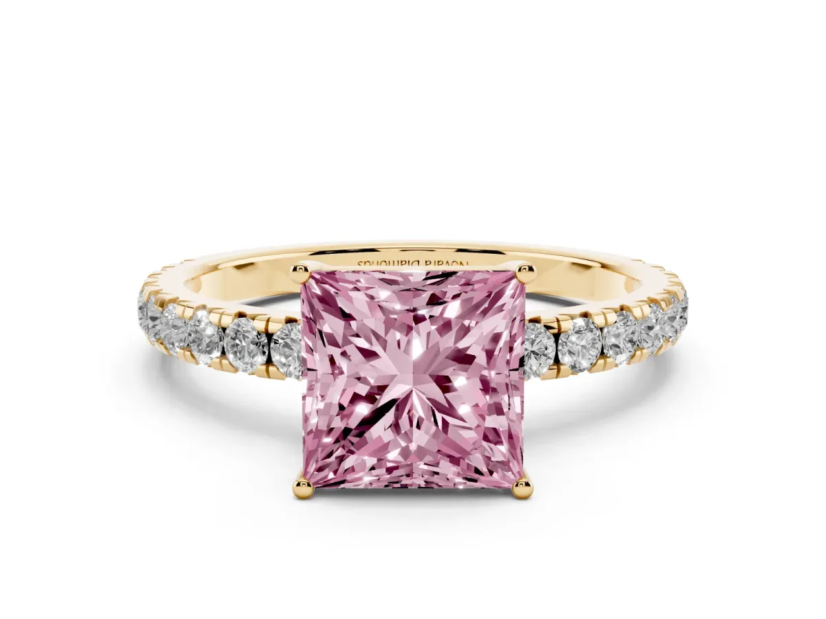 Fancy Pink Princess Cut Diamond Pavé Solitaire Engagement Ring Set in Yellow gold with Prong Setting