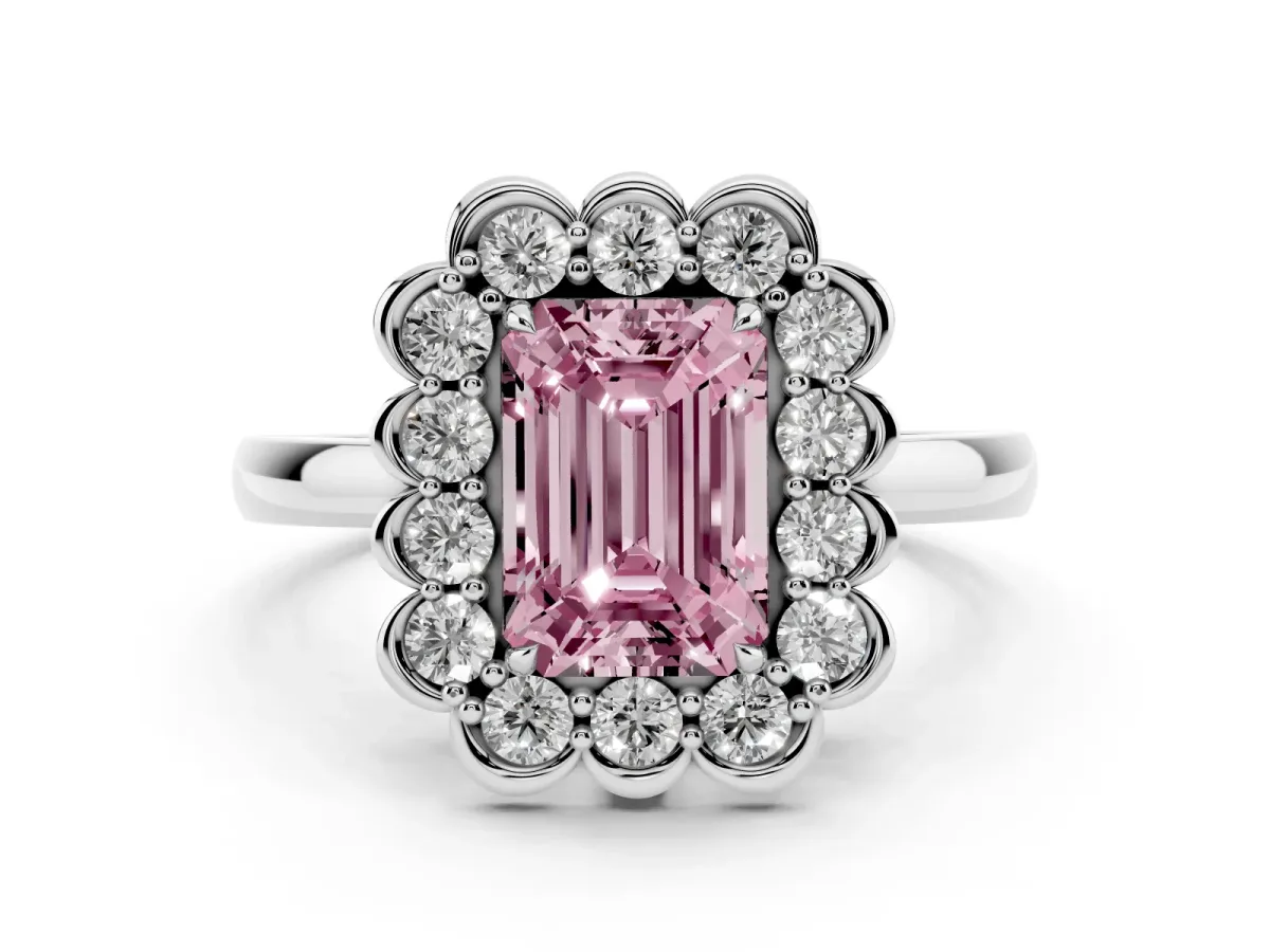 Fancy Pink Emerald Cut Diamond Halo Cluster Engagement Ring Set in Platinum with Solitaire Band and Prong Setting