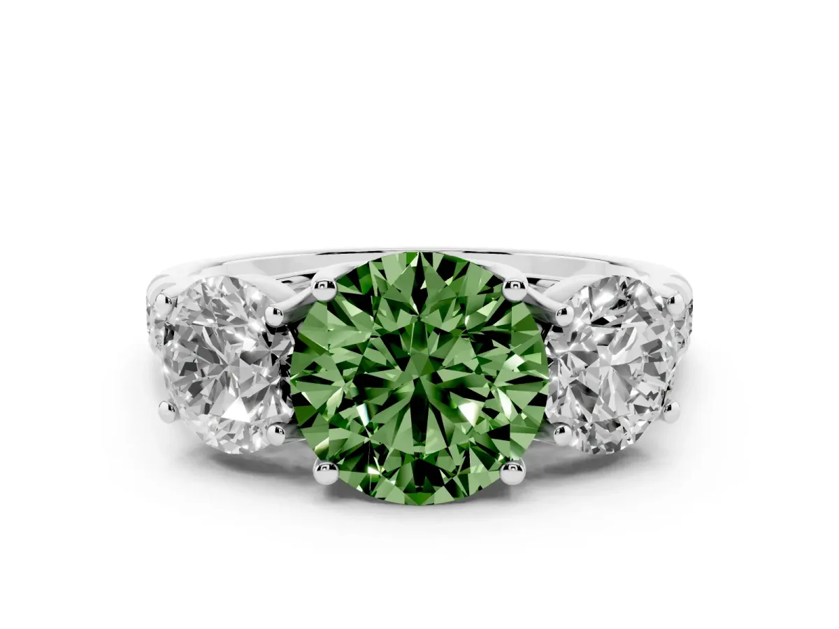 Fancy Green Round Cut Diamond Three-Stone Ring Set in White gold with Pavé Band