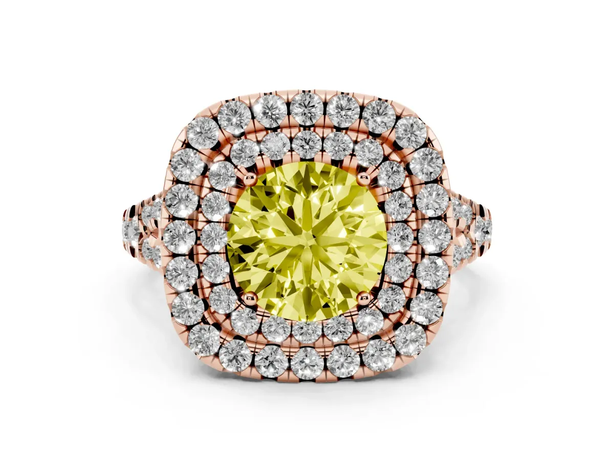 Fancy Yellow Round Cut Diamond Double Halo Ring Set in Rose gold with Pavé Split Shank and Prong Setting