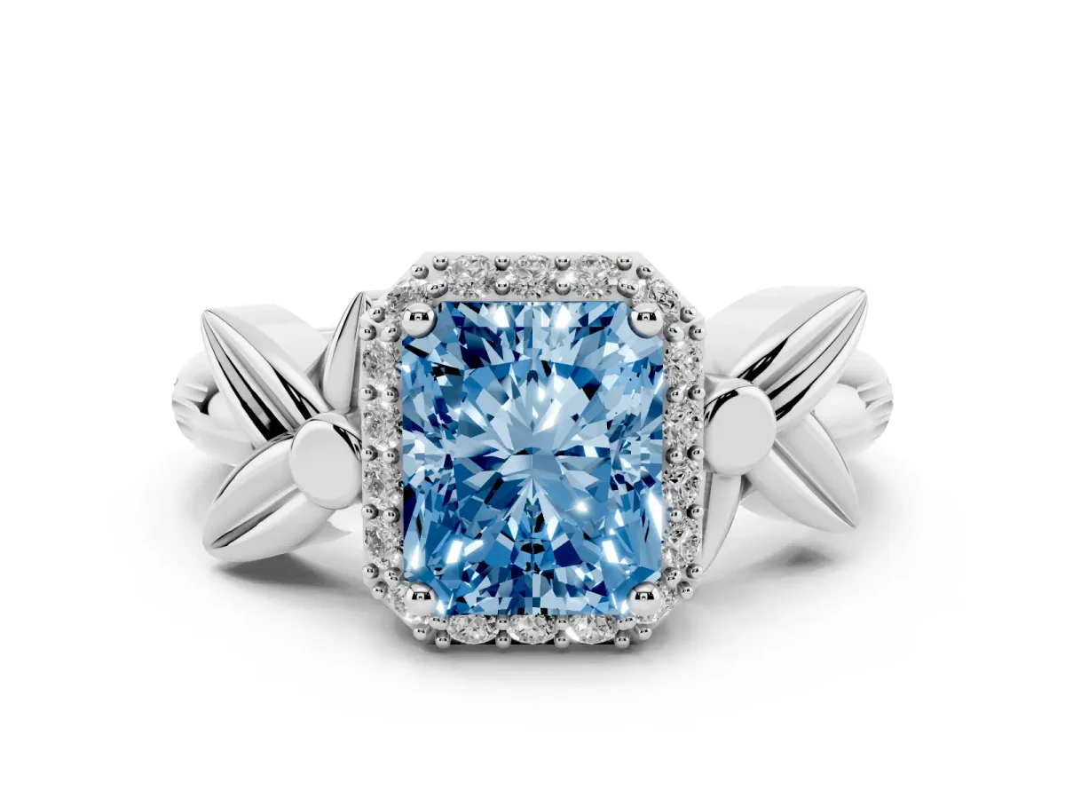Fancy Blue Radiant Cut Diamond Halo Floral Band Ring Set in Silver with Prong Setting