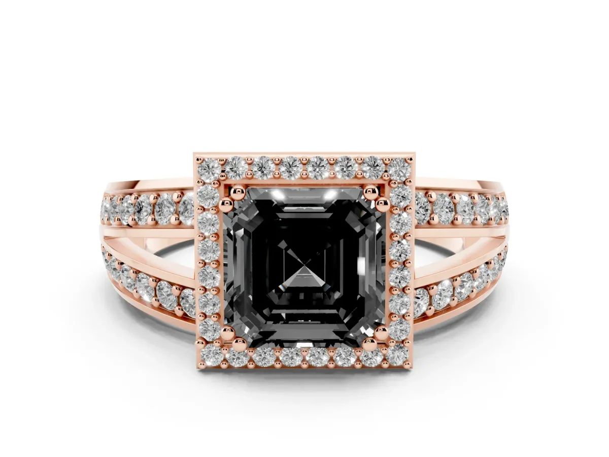 Fancy Black Asscher Cut Diamond Halo Ring Set in Rose gold with Double Pavé Split Shank