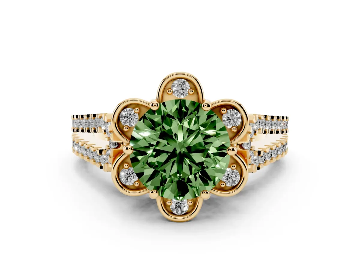 Fancy Green Round Cut Diamond Floral Halo Split Shank Engagement Ring Set in Yellow gold with Pavé Shank
