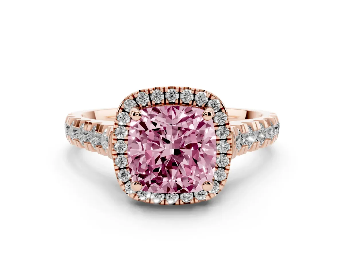 Fancy Pink Cushion Cut Diamond Halo Engagement Ring Set in Rose gold with Pavé Band and Prong-Set Center